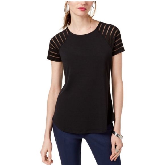 INC International Concepts black Top with sheer, striped sleeves, XL - Picture 1 of 7